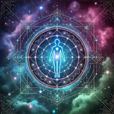 Cosmic human shape with DNA codes, deep purples, blues, and greens, representing transformation and self-discovery.