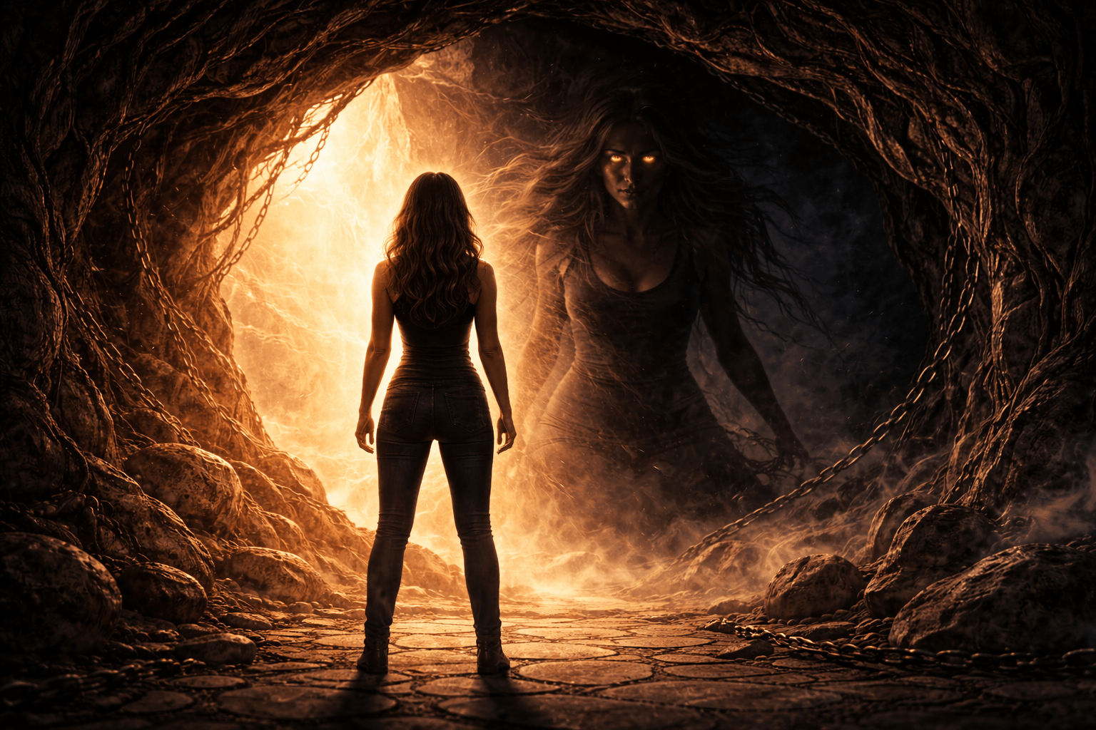 Hyper-realistic conceptual artwork of a woman confronting her shadowed reflection in a mirror, symbolising shadow work, identity integration and structural reorganisation by Renata Clarke.