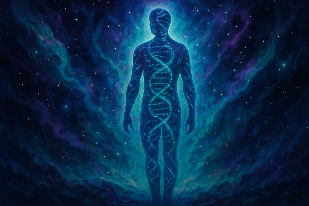 Vibrant cosmic digital painting in landscape format, showing a human silhouette immersed in DNA patterns and ethereal energy waves — representing spiritual awakening and self-healing at The Healing Space, Ayrshire