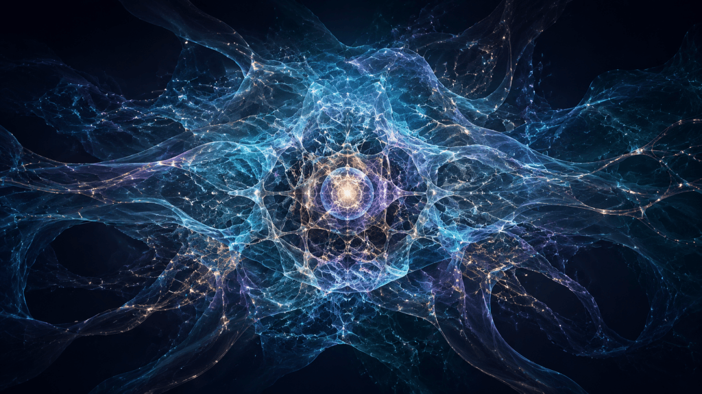 Luminous organising core connected to layered translucent structures, representing human identity architecture as a coherent, living structural system.