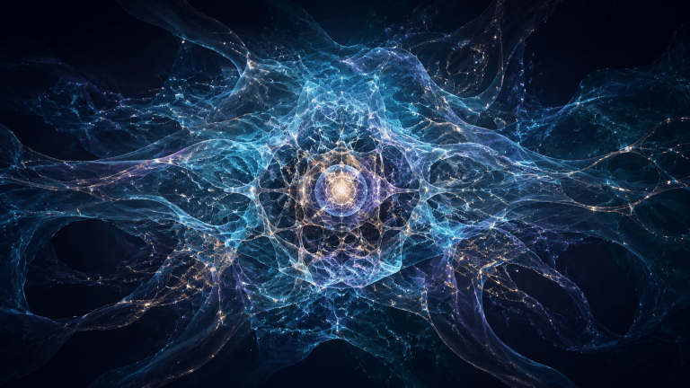 Luminous organising core connected to layered translucent structures, representing human identity architecture as a coherent, living structural system.