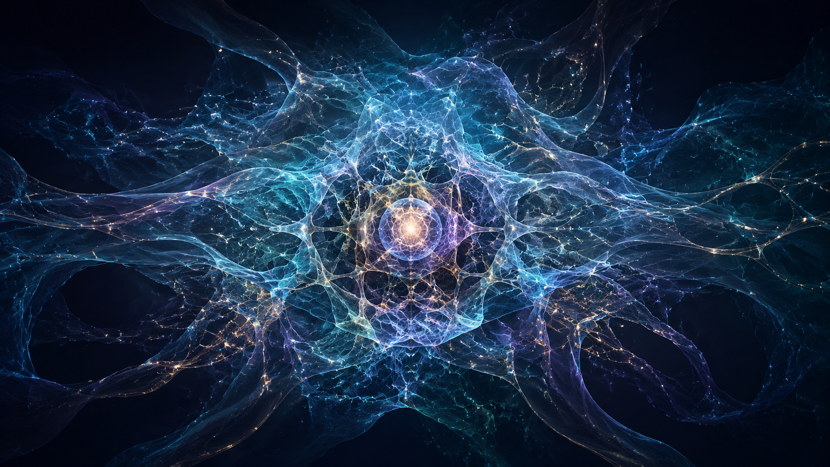 Luminous organising core connected to layered translucent structures, representing human identity architecture as a coherent, living structural system.