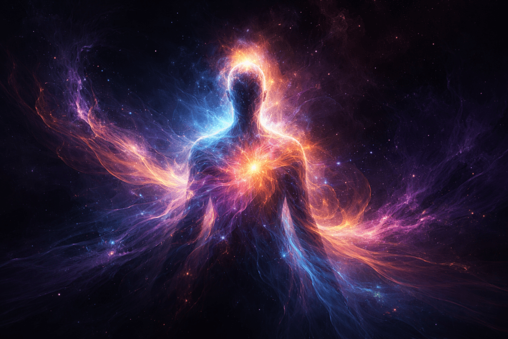 Conscious inhabitation concept art featuring a luminous human figure in deep purple and blue cosmic space, symbolising identity architecture, structural growth and embodied spirituality by Renata Clarke.