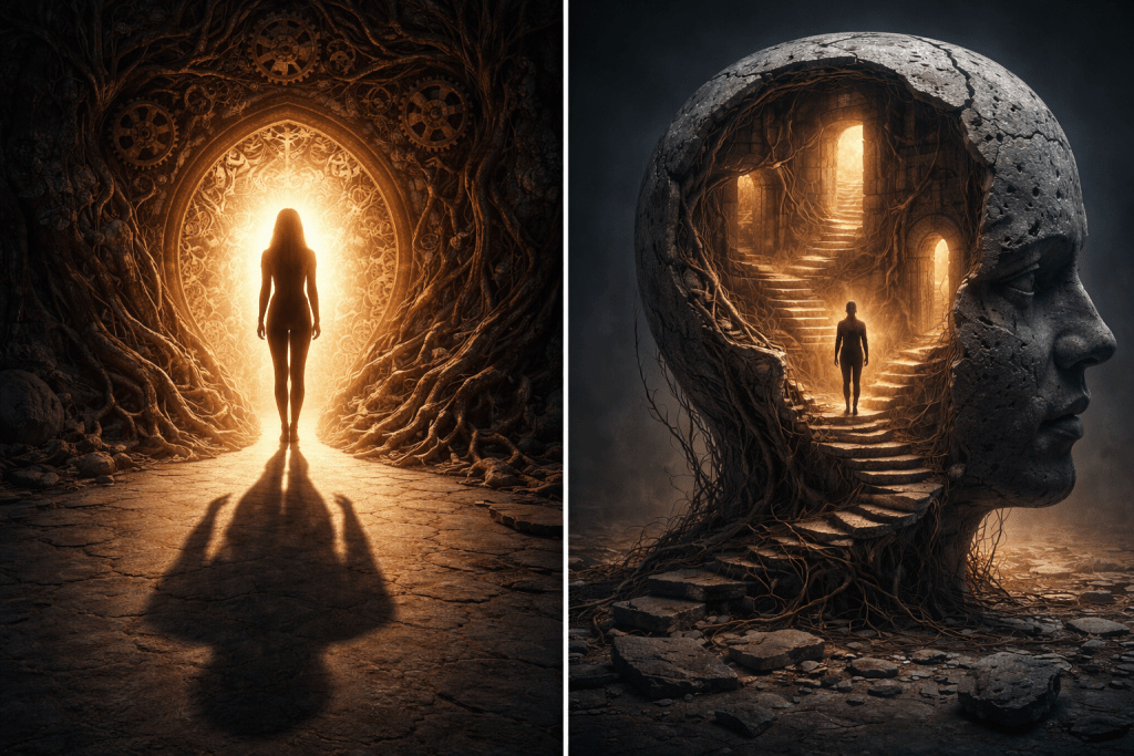 Hyper-realistic conceptual artwork exploring identity through shadow and light, symbolising structural identity work and shadow integration by Renata Clarke.