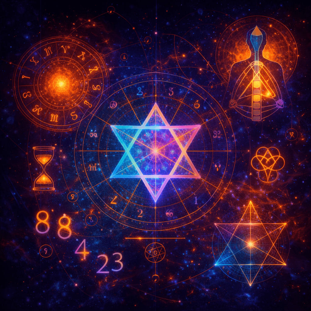 Cosmic symbolic illustration combining geometry, astrology, and human form to represent identity frameworks and models used by Renata Clarke.