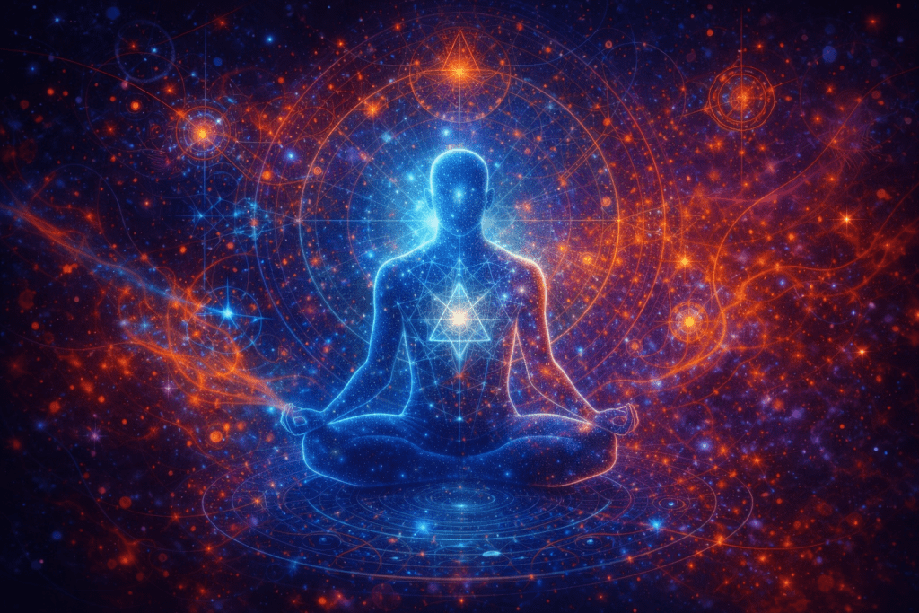 Conceptual image of the Zero Point Identity Blueprint by Renata Clarke, showing the preconditioned structural baseline of identity as a luminous human form within a coherent energetic field, representing innate capacities, orientation, and core identity architecture.