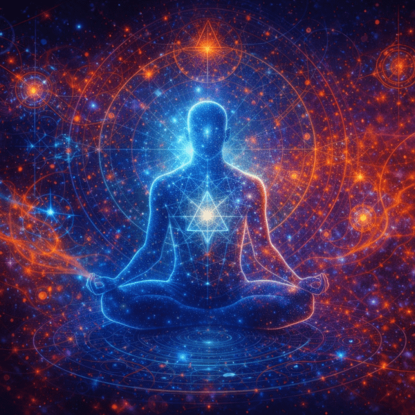 Conceptual image of the Zero Point Identity Blueprint by Renata Clarke, showing the preconditioned structural baseline of identity as a luminous human form within a coherent energetic field, representing innate capacities, orientation, and core identity architecture.