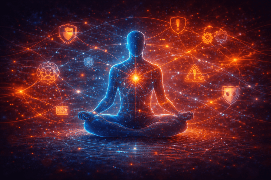 Conceptual illustration of Adaptive Identity Organisation by Renata Clarke, depicting a human figure surrounded by dynamic symbolic systems representing learned adaptations, coping strategies, emotional regulation patterns, and identity responses shaped by lived experience.