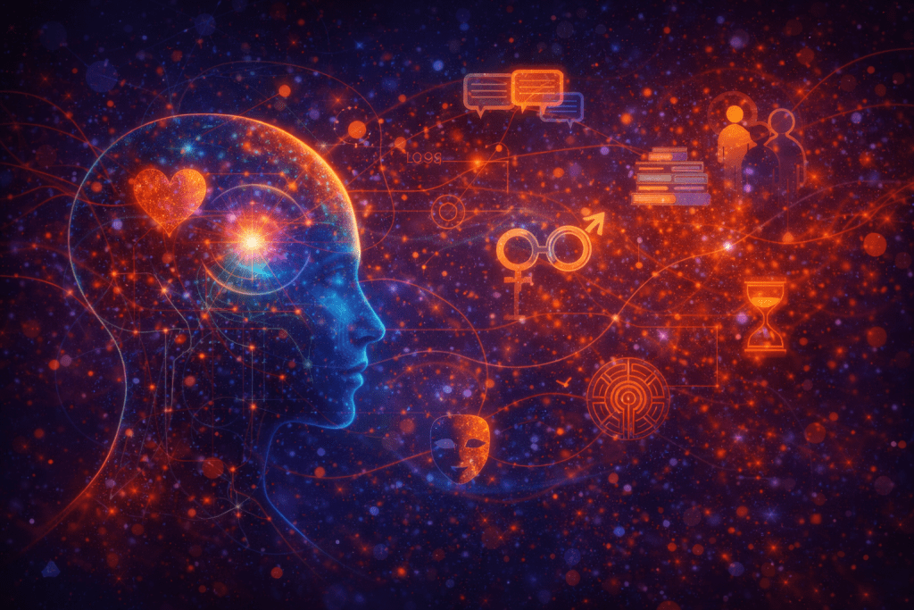 Symbolic image of Narrative and Relational Identity by Renata Clarke, showing a human profile formed by language, symbols, and relational fields, representing self-concept, meaning-making, beliefs, and social identity.