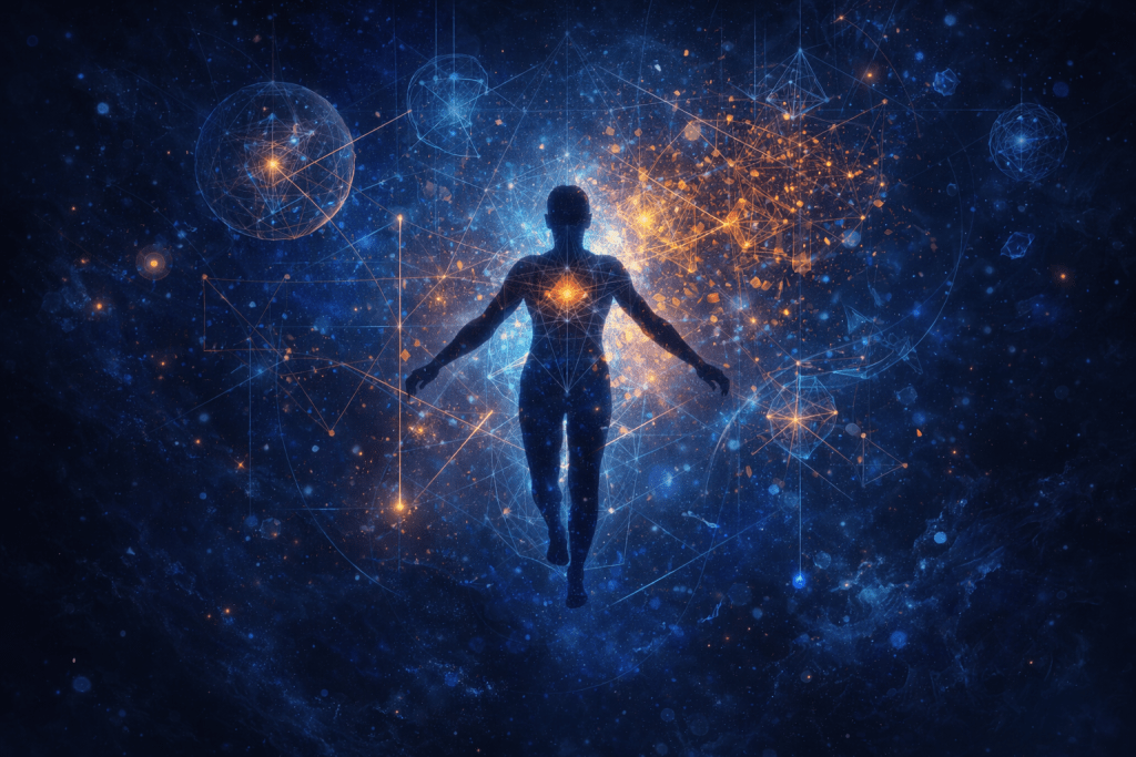 Abstract depiction of a person suspended in a liminal space during identity transition and inner reorganisation by Renata Clarke.