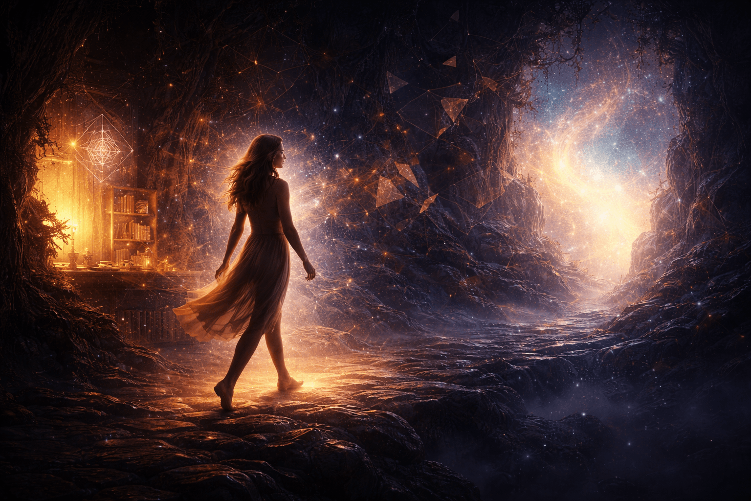 Conceptual scene of a woman moving from a known identity structure into an uncertain liminal space of reorganisation by Renata Clarke.