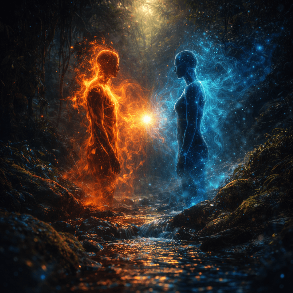 Two human figures formed from fire and water energy facing each other in a forest, symbolising personal alignment work and relational presence in Renata Clarke’s practice.