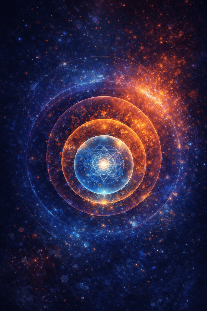 Abstract portrait illustration of layered identity architecture within consciousness, showing blueprint, adaptation, and narrative by Renata Clarke.
