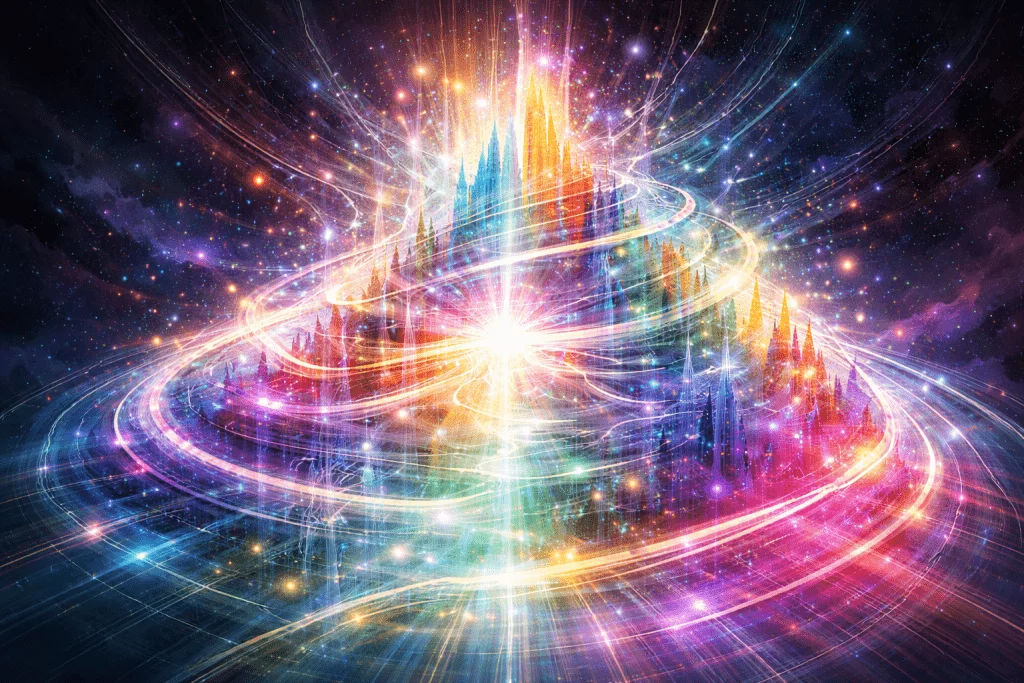 Abstract digital artwork representing structural growth and expanding capacity within identity architecture, featuring vibrant multicolour light spirals emerging from a luminous core against a deep cosmic background, reflecting Renata Clarke’s framework on nonlinear system expansion and identity development.