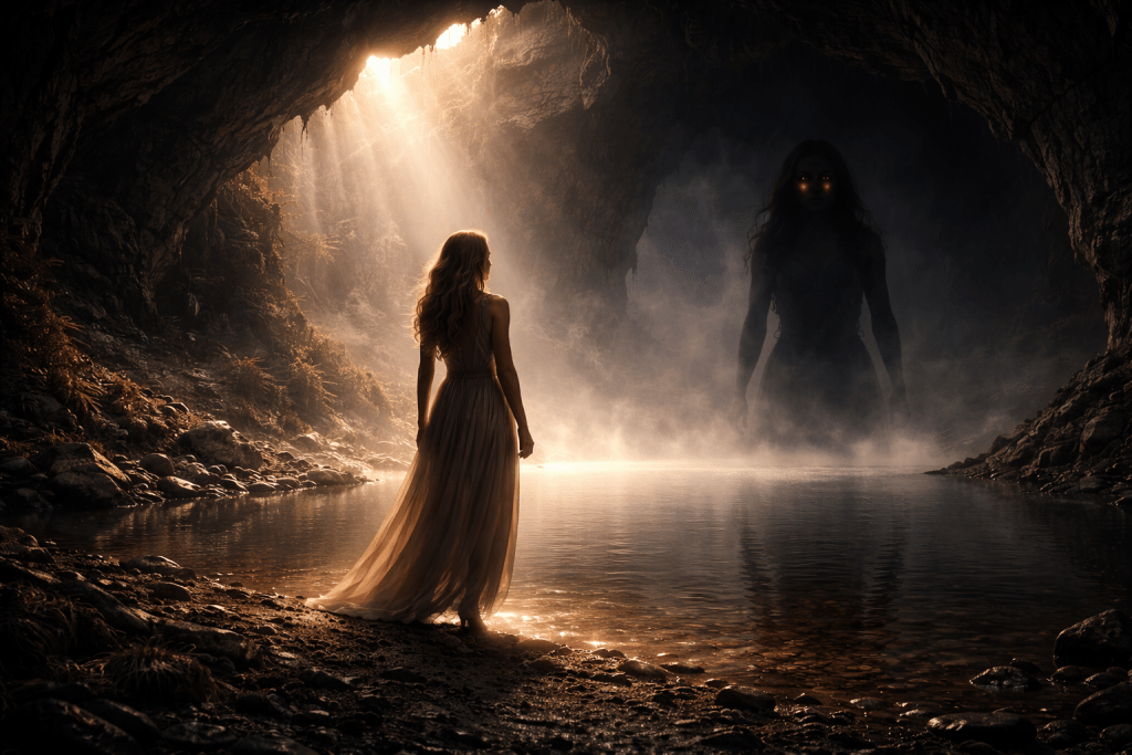 Hyper-realistic conceptual image of a woman facing her shadow reflection in a cave, symbolising structural identity work and shadow integration by Renata Clarke.