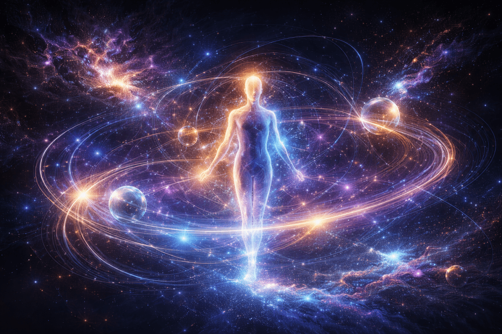 Cosmic visual representing consciousness expansion and identity reorganisation in the work of Renata Clarke.