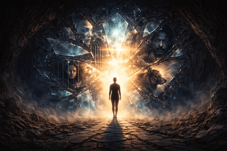 Hyper-realistic conceptual artwork of a lone figure inside a fractured geometric light structure symbolising identity architecture and structural shadow work by Renata Clarke.