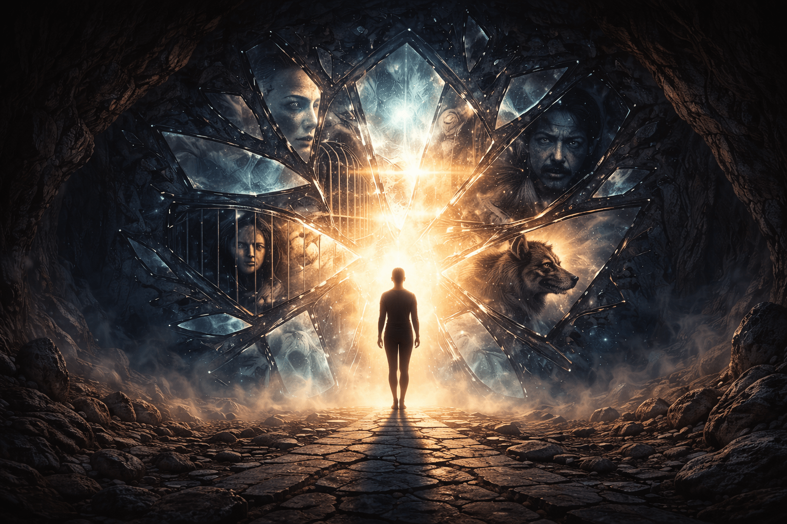 Hyper-realistic conceptual artwork of a lone figure inside a fractured geometric light structure symbolising identity architecture and structural shadow work by Renata Clarke.