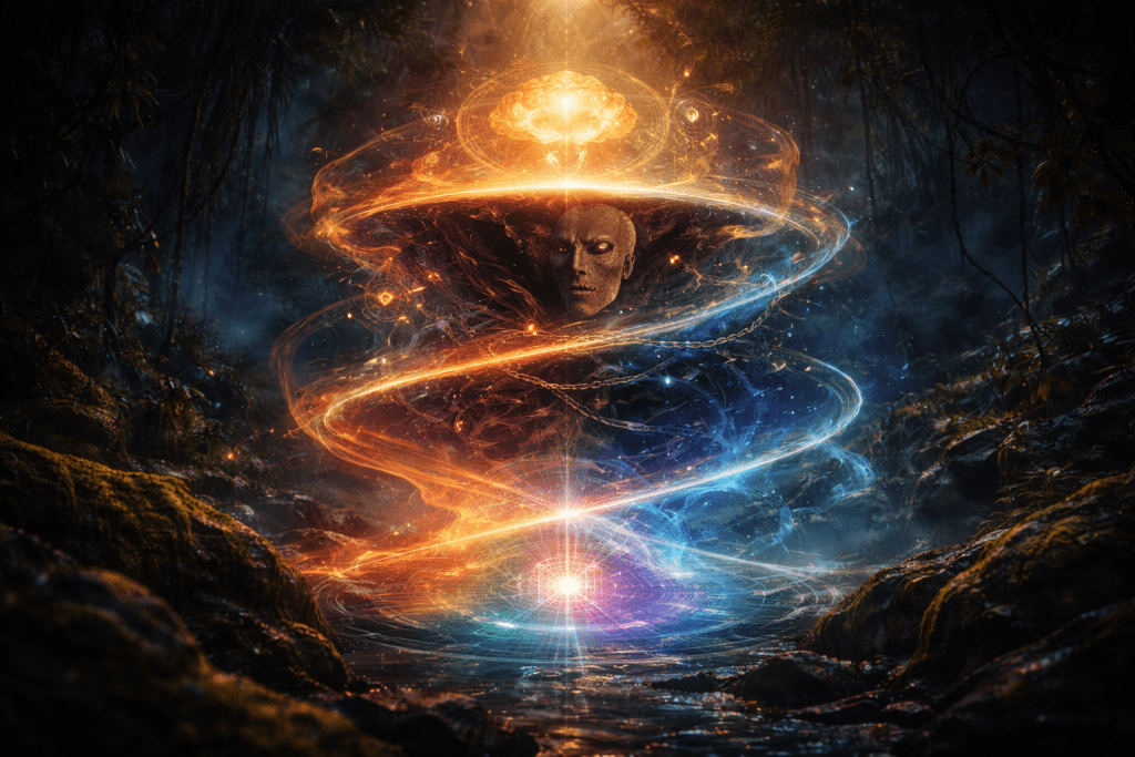 Layered symbolic image showing identity as a multi-layered, dynamic system of energy, cognition, and adaptation, as understood in Renata Clarke’s work.