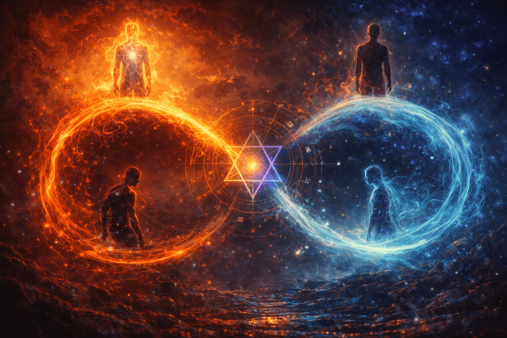 Symbolic illustration of the identity cycle shown as an infinity loop with human figures in different phases, representing the identity lifecycle taught by Renata Clarke.