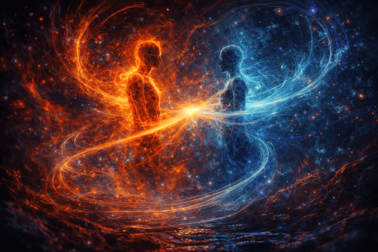 Abstract image of two human forms dissolving into flowing energy, symbolising identity in motion and continuous transformation in the work of Renata Clarke.