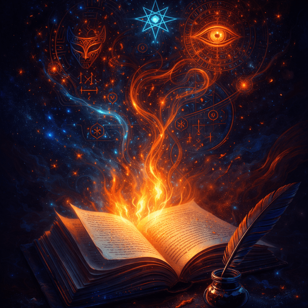 Abstract visual of a glowing open book emitting fire-like light and symbolic geometry, representing deep inquiry, thought, and identity exploration in the work of Renata Clarke.