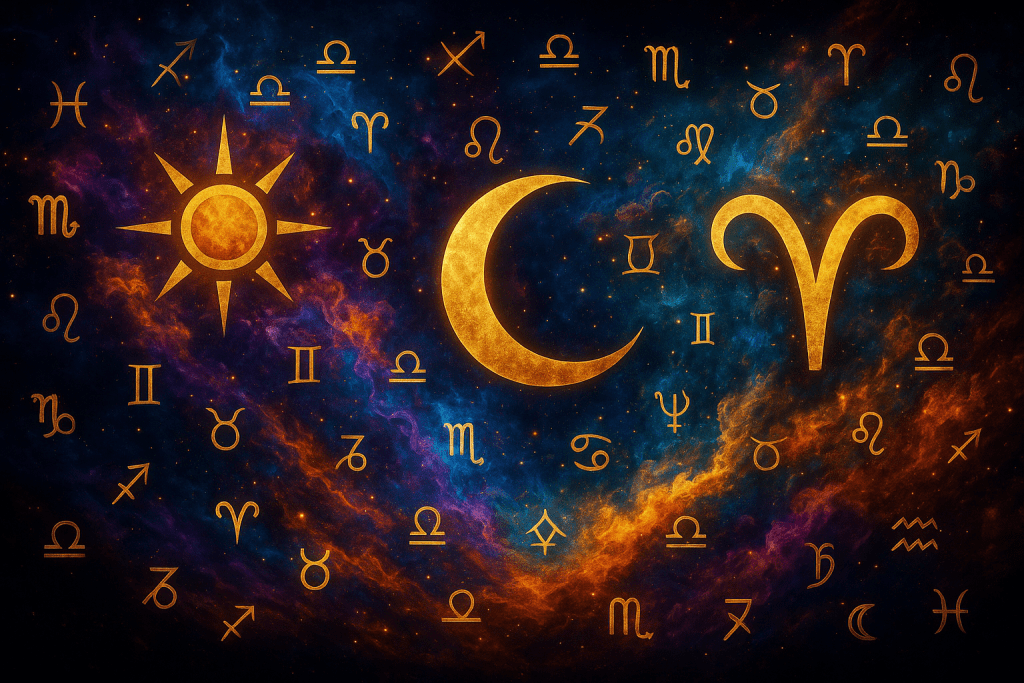 Abstract cosmic graphic representing astrology as an objective identity framework in Renata Clarke’s methodology.