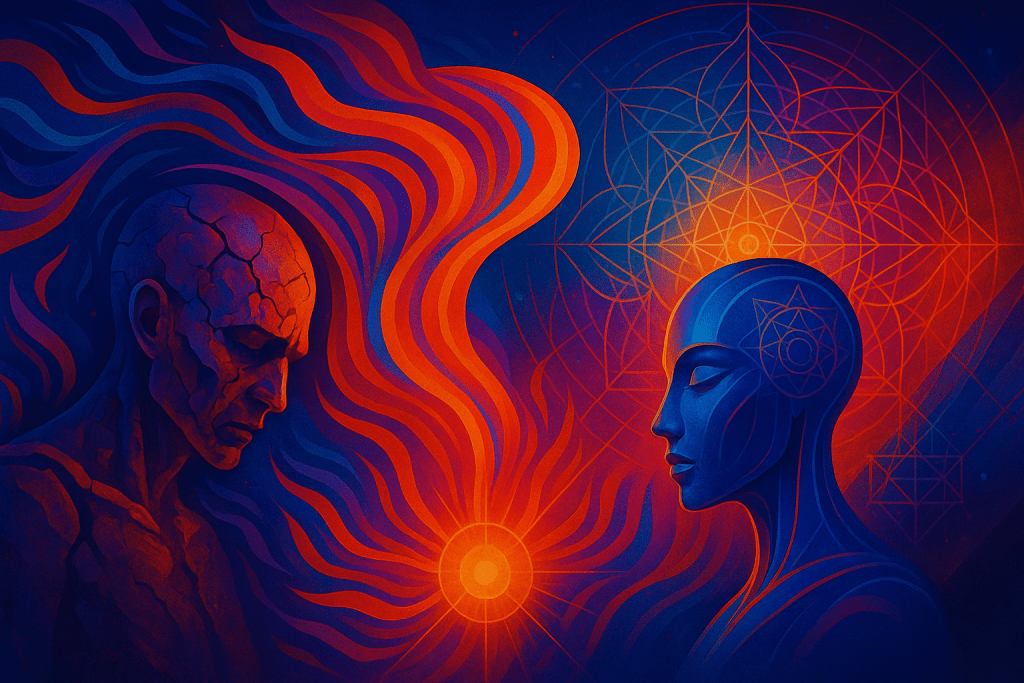 AI-generated image representing identity death and rebirth cycles in Renata Clarke’s work.