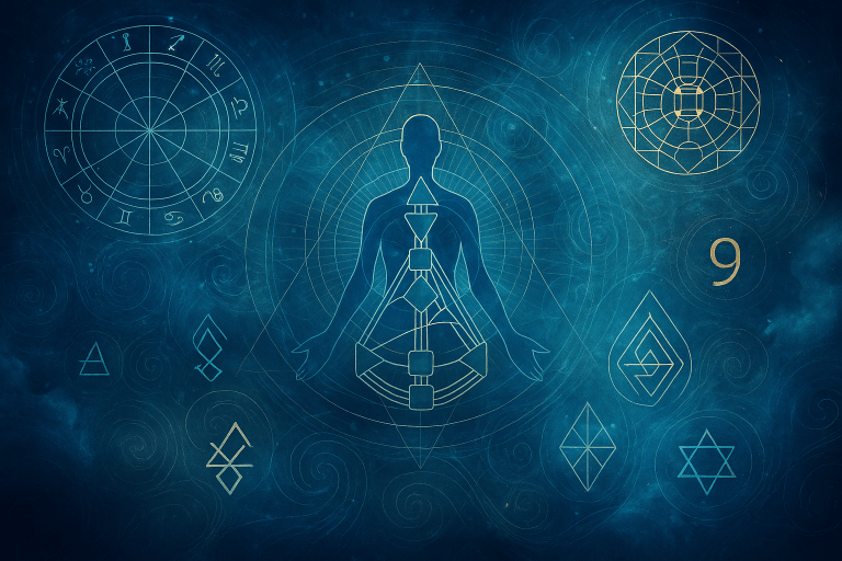 Conceptual illustration of a human figure against a cosmic background with an overlaid Human Design chart, representing the exploration of Human Design, identity, self-discovery, and the deeper structures that may organise human expression.