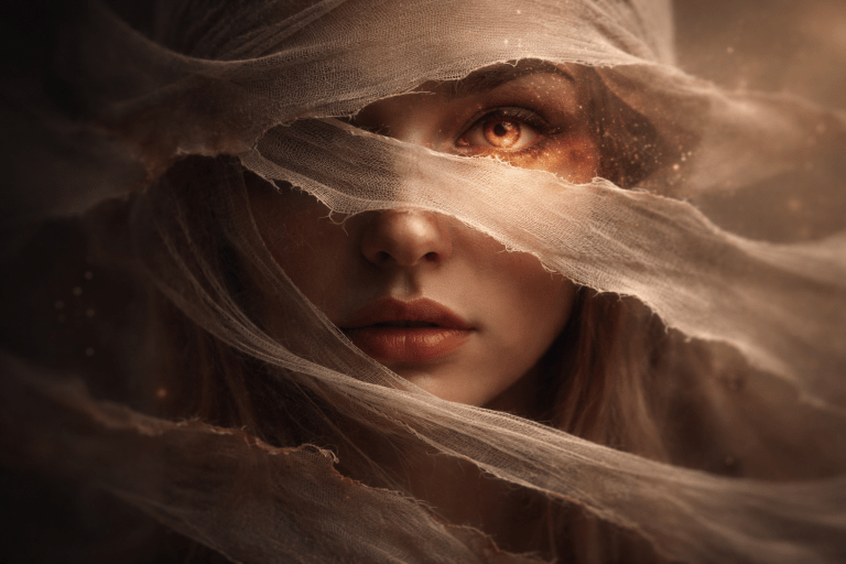 Close-up portrait of a woman’s face partially wrapped in translucent fabric, with warm golden light glowing through one eye. The fabric appears to veil and restrain her expression while a bright, fiery gaze shines through, symbolising suppressed power and inner vitality pushing through concealment.
