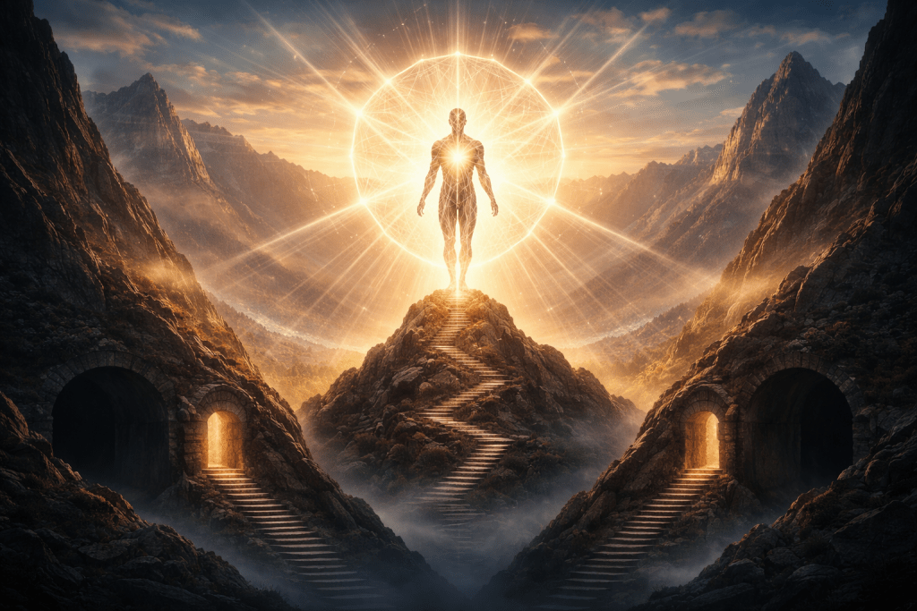 Conceptual artwork illustrating identity architecture as a structured human form radiating light at the centre of a mountain landscape, representing structural identity work by Renata Clarke.