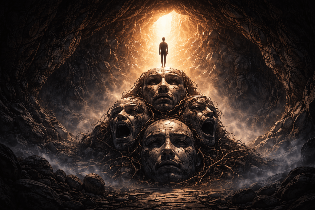 Surreal hyper-realistic artwork of a figure standing on stone masks in a cave, symbolising shadow integration, authority redistribution and identity work by Renata Clarke.