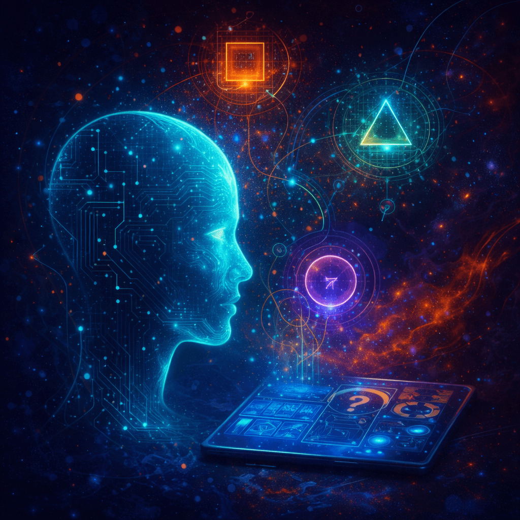 Conceptual image of a luminous human profile interacting with symbolic tools and geometric forms, representing structured inquiry and reflective tools in Renata Clarke’s identity work.