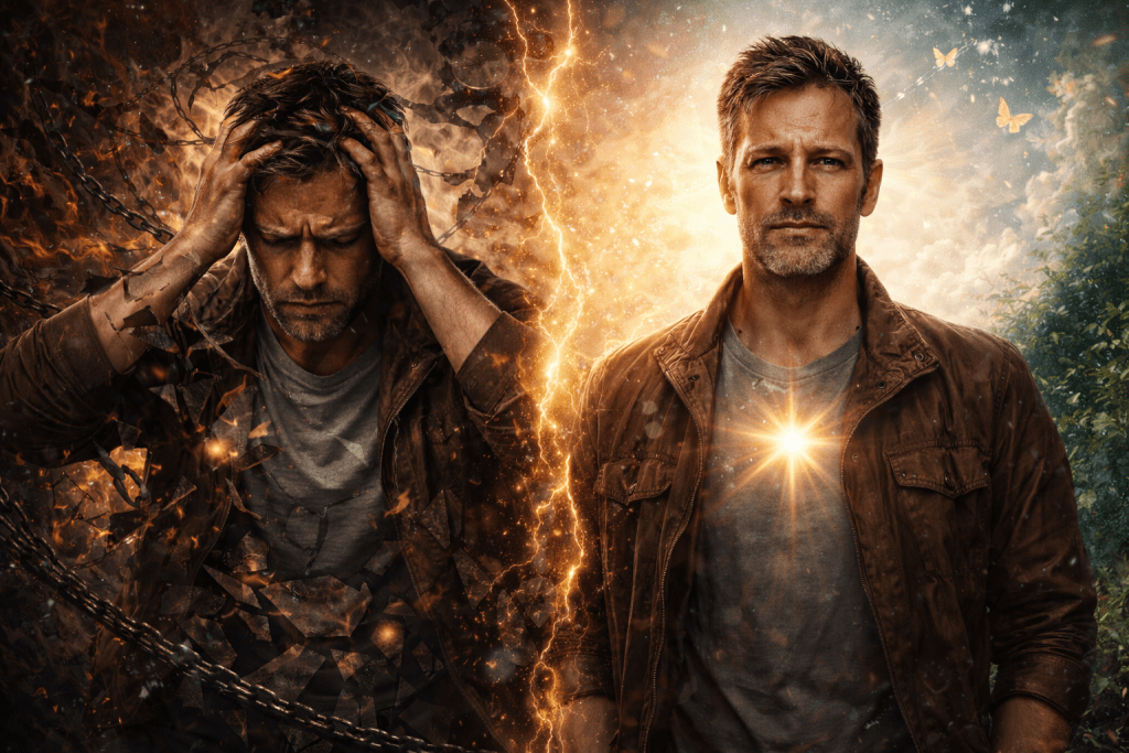 Split-screen landscape showing the same adult man in distress on one side and steady, grounded and internally aligned on the other, representing alignment vs stabilisation, structural coherence and post-healing identity reorganisation – conceptual transformation image inspired by Renata Clarke’s healing framework.