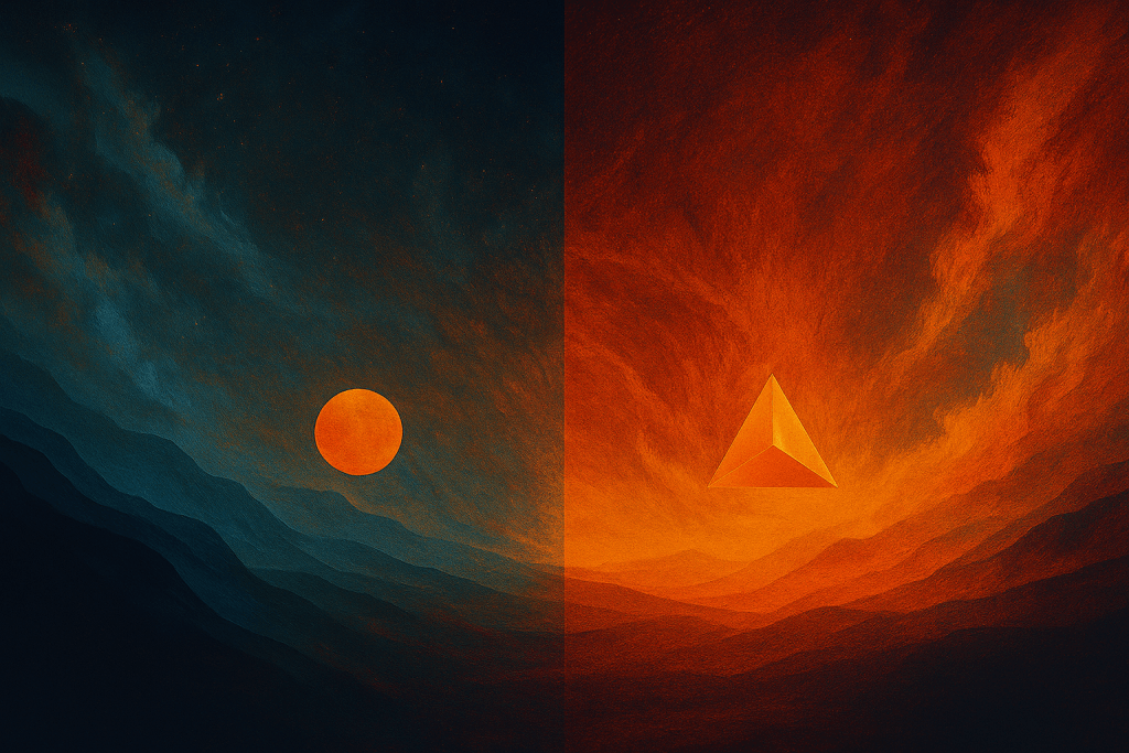 A conceptual landscape artwork split into two contrasting halves, rendered in deep cosmic blues and fiery orange tones. On the left, a glowing circular sphere floats above layered dark-blue mountains, symbolising external stabilisation points that sit outside the self. On the right, a radiant geometric pyramid hovers within swirling orange light, representing an internal reference point and the organising core of identity. The entire scene blends abstract geometry with atmospheric textures, evoking themes of identity architecture, inner orientation, and self‑organisation explored by Renata Clarke.