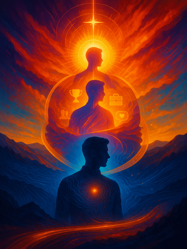 Conceptual digital illustration of layered identity and self-discovery, showing multiple human silhouettes aligned through light and shadow, symbolising internal structure, identity development, and transformation. Visual representation of identity work and decision-making beyond surface-level self-perception by Renata Clarke.