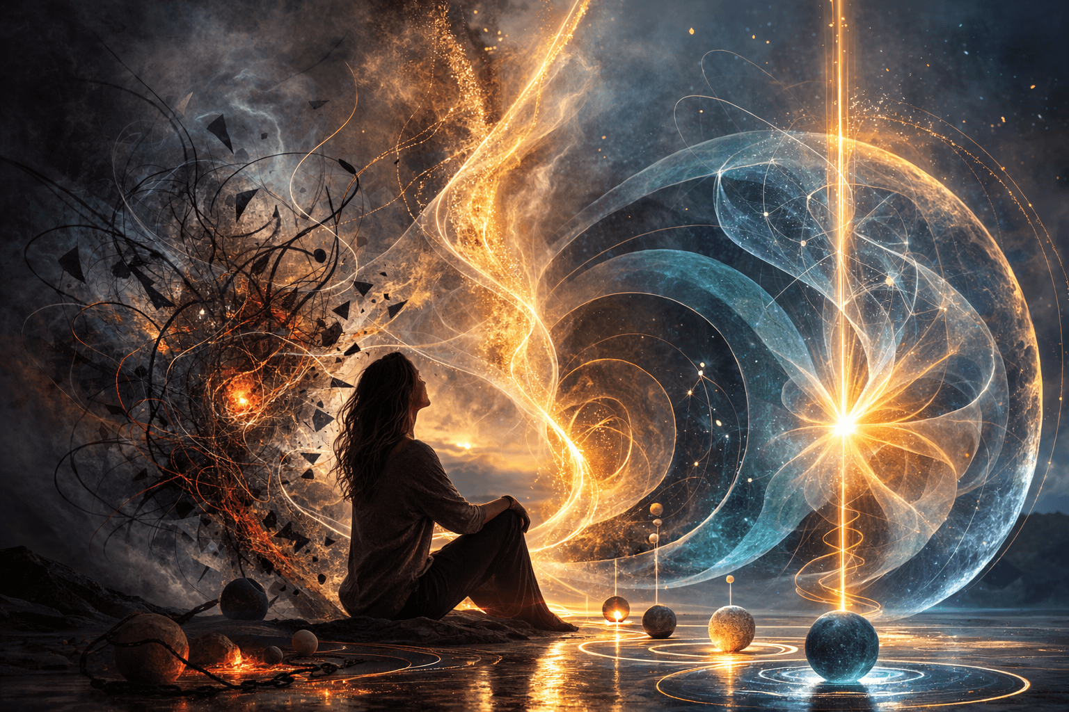 Wide abstract image of a seated woman positioned between dark fragmented energy and luminous geometric spheres, illustrating alignment vs stabilisation, structural integration and expansion of internal capacity – conceptual identity framework visual associated with Renata Clarke.