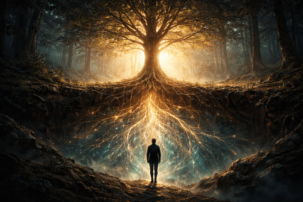 Conceptual landscape artwork showing a luminous tree with deep, glowing roots extending beneath the earth while a solitary human figure stands observing the hidden structure below. Rich dark blues and teals blend with warm golden light to symbolise the unseen foundations of identity beneath surface roles and adaptations. Created as a conceptual illustration for Renata Clarke’s essay exploring identity development, the limits of self-reinvention, and the idea of an underlying identity blueprint shaping human growth and personal evolution.