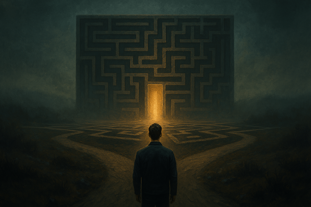 Where Governance Holds by Renata Clarke. A cinematic, conceptual landscape shows a solitary figure standing in a dark open terrain, facing a towering wall formed as a vast maze. At the base of the maze, a single doorway emits warm golden light, creating a strong contrast against the cool blue-grey environment. Curving paths in the foreground split, loop, and reconnect across the ground, mirroring the maze above and drawing the eye toward the illuminated threshold. Mist, textured earth, and dramatic lighting create a symbolic visual for leadership under pressure, internal governance, decision-making in uncertainty, clarity in complexity, and structural leadership.