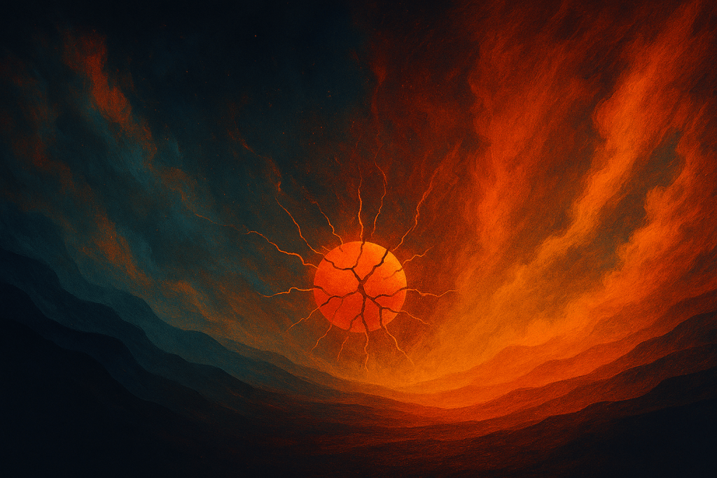 A conceptual landscape artwork in deep cosmic blues and fiery oranges, showing a glowing circular sphere cracking open at the center. Fine fractures radiate outward like energetic fault lines, symbolising the collapse of an external stabilisation point. The surrounding sky blends dark teal clouds with rising waves of orange light, creating a sense of internal destabilisation and shifting orientation. The atmosphere feels turbulent yet expansive, visually expressing the structural disruption that occurs when an identity organised around external anchors loses its reference. This visual theme aligns with Renata Clarke’s work on identity architecture, internal coherence, and the breakdown of external organising structures.