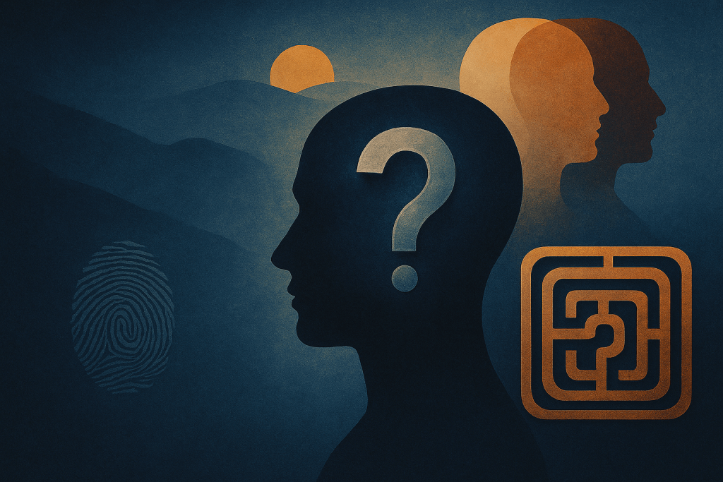 A conceptual image illustrating the complexity of human identity: silhouetted human profiles layered against deep, rich blue tones, with subtle golden highlights suggesting inner structure, mystery, and psychological depth. Organic shapes blend into shadowed contours, symbolising early tendencies, adaptive layers, and the evolving nature of selfhood. This reflective visual represents themes of perception, self‑organisation, personal development, and the unfolding architecture of identity, aligned with Renata Clarke’s emerging research and theory on human identity development.