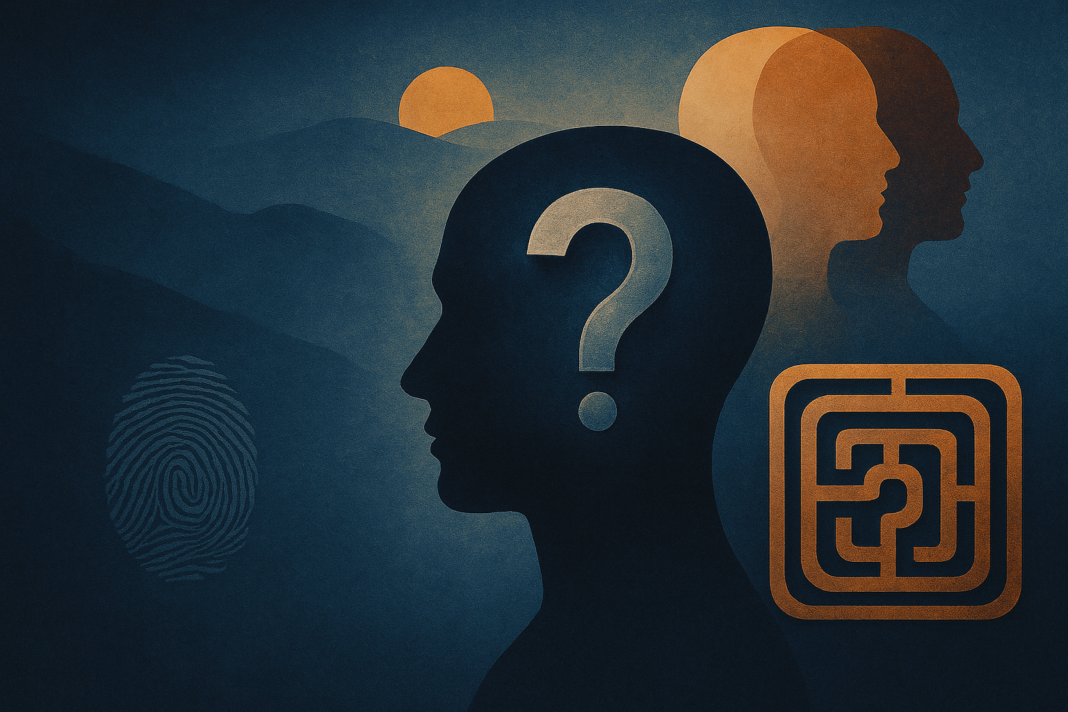 A conceptual image illustrating the complexity of human identity: silhouetted human profiles layered against deep, rich blue tones, with subtle golden highlights suggesting inner structure, mystery, and psychological depth. Organic shapes blend into shadowed contours, symbolising early tendencies, adaptive layers, and the evolving nature of selfhood. This reflective visual represents themes of perception, self‑organisation, personal development, and the unfolding architecture of identity, aligned with Renata Clarke’s emerging research and theory on human identity development.