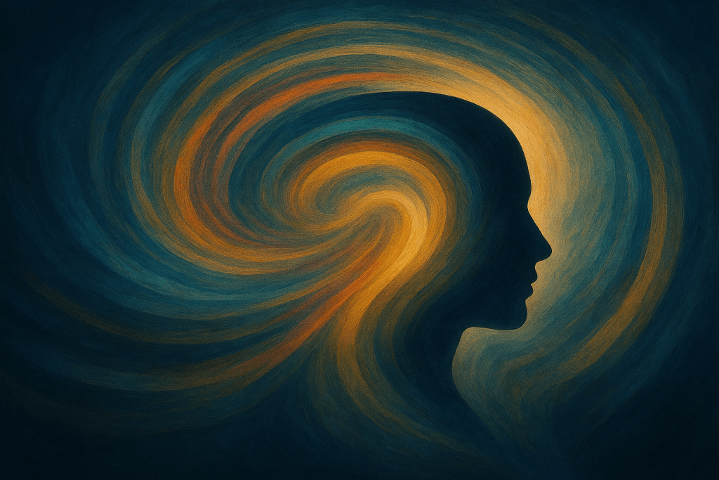 Ethereal deep-blue conceptual image of a human profile made of swirling light, representing identity as a dynamic underlying structure shaping perception, response, self-expression, and development across life, inspired by Renata Clarke’s work on human identity development.