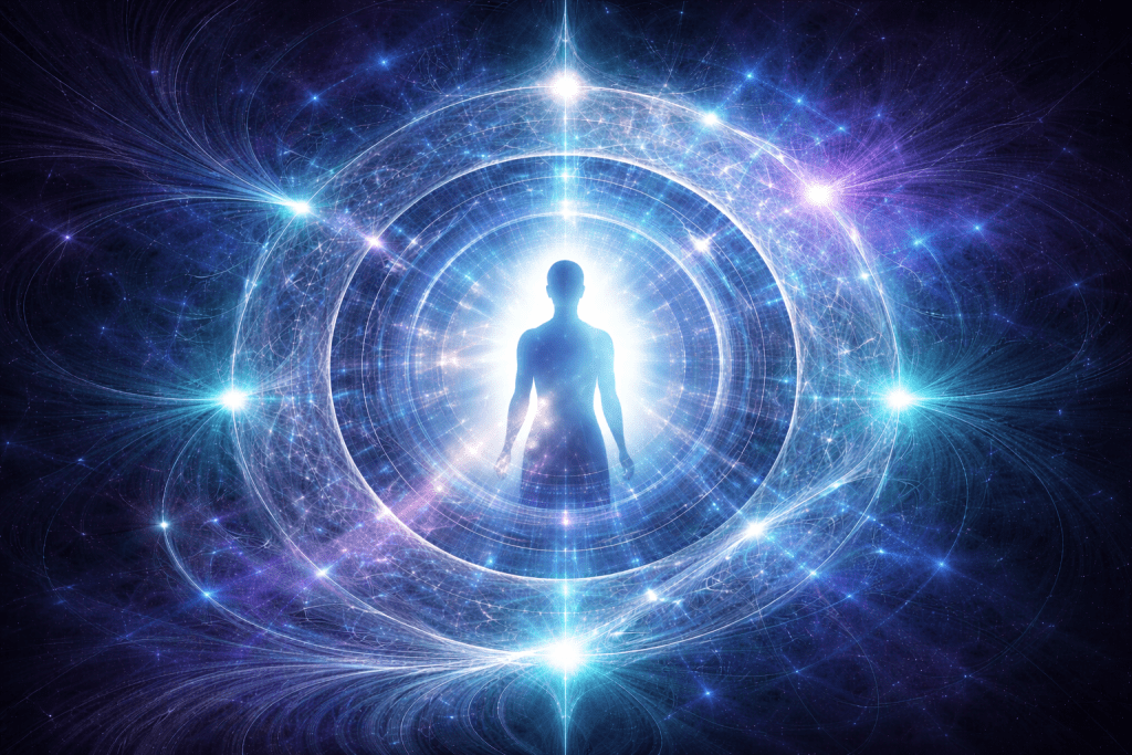 Abstract identity architecture illustration with glowing human silhouette and blue, teal and violet energy patterns representing identity transitions and structural growth by Renata Clarke.