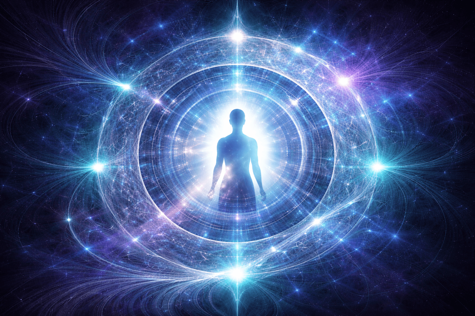 Abstract identity architecture illustration with glowing human silhouette and blue, teal and violet energy patterns representing identity transitions and structural growth by Renata Clarke.