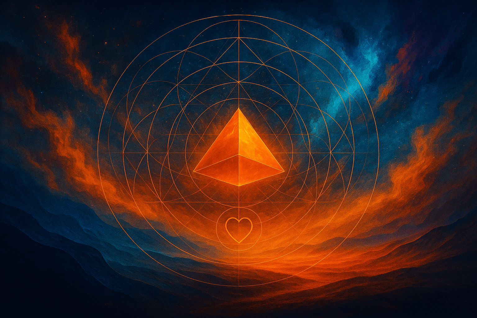 A vibrant conceptual landscape artwork in deep cosmic blues and fiery oranges, featuring an intricate geometric design at the center. Radiating circular patterns, intersecting lines, and a glowing pyramid-like structure create the impression of an inner organising system or identity architecture. The image merges abstract geometry with atmospheric clouds and star‑like textures, symbolising the shift from external anchors to an internal reference point. Style inspired by modern metaphysical art and identity‑development visuals, reflecting themes explored by Renata Clarke in her work on structural identity, internal coherence, and personal transformation.