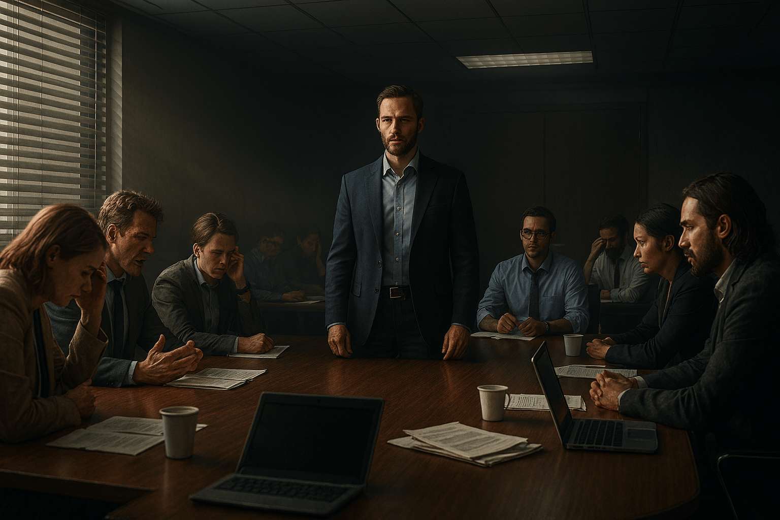 A dimly lit corporate boardroom with a long wooden conference table, scattered papers, open laptops, and takeaway coffee cups. One person stands at the center of the table in a dark suit while several seated colleagues face inward from both sides. Light filters through venetian blinds on the left, creating narrow bands of shadow across the room and emphasizing the contrast between the central figure and the darker background.