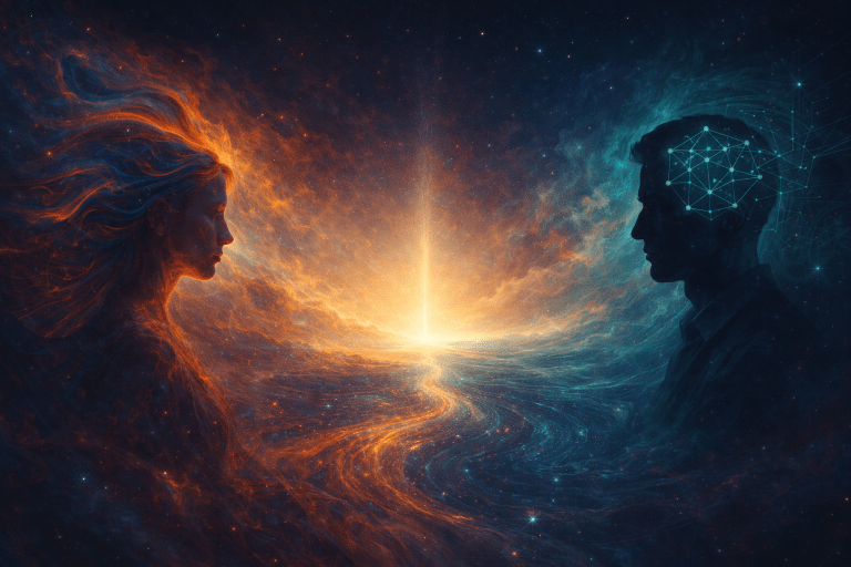 Abstract identity architecture artwork by Renata Clarke featuring dual human silhouettes and a flowing light pathway, representing identity development, structural change, emotional integration, and the transition from healing expansion to deeper self-organisation