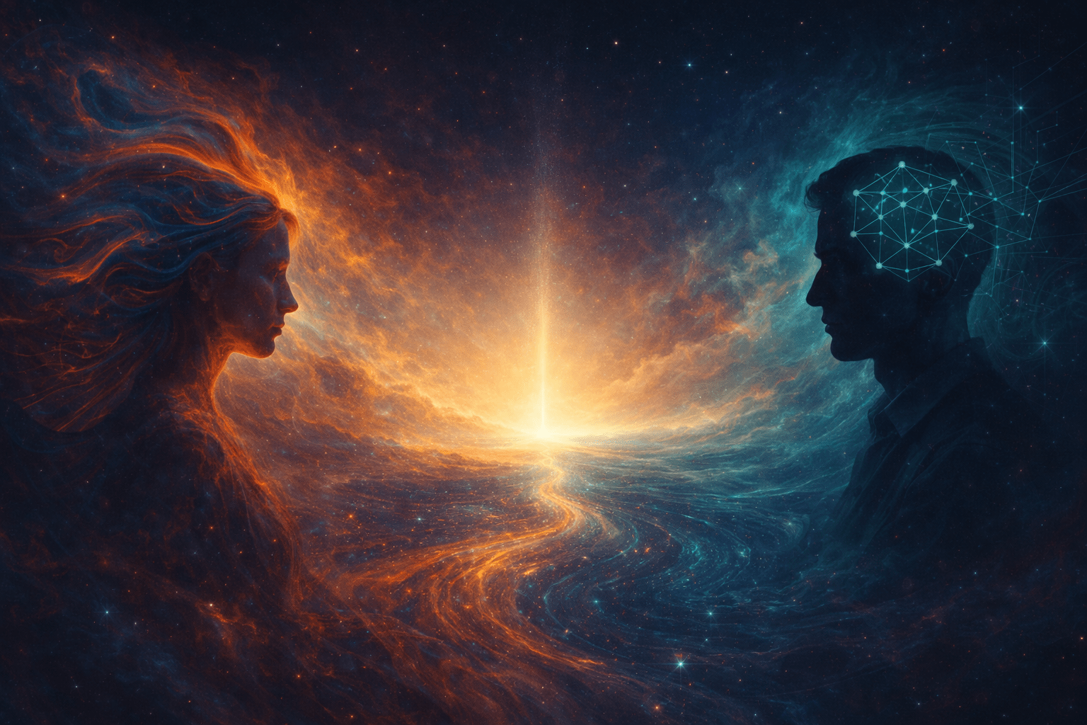 Abstract identity architecture artwork by Renata Clarke featuring dual human silhouettes and a flowing light pathway, representing identity development, structural change, emotional integration, and the transition from healing expansion to deeper self-organisation