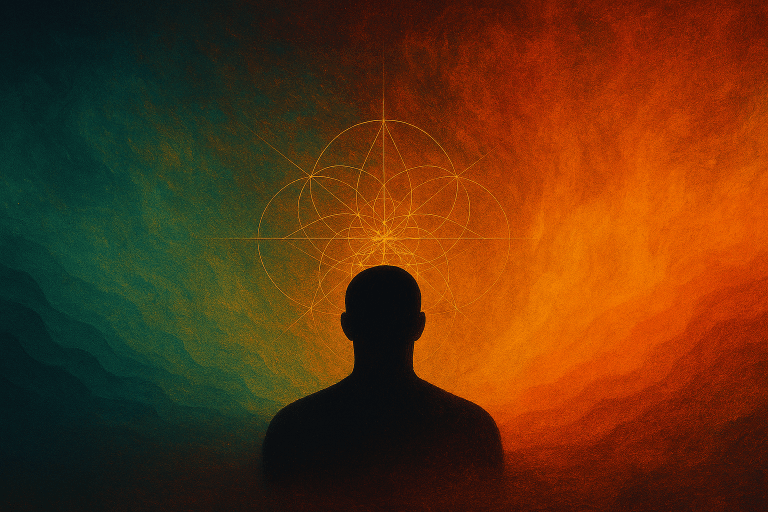 A conceptual landscape featuring the silhouette of a human figure surrounded by deep teal and fiery orange gradients. Above the figure, an intricate geometric field radiates outward, symbolising self‑awareness, mental observation, and cognitive pattern recognition. Despite the luminous clarity at the centre, the surrounding environment remains layered and unchanged, representing awareness without structural reorganisation. The artwork visually reflects themes explored by Renata Clarke, including self‑awareness, identity architecture, internal patterns, and the difference between insight and transformation.